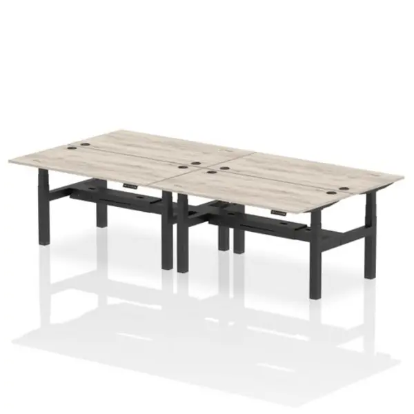 Image of Air Air Back-to-Back 1600 x 800mm Height Adjustable 4 Person Bench Desk Grey Oak Top with Cable Ports Black Frame HASCP4P16800GRYB