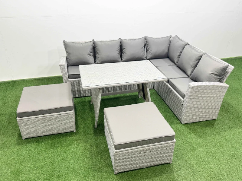 Image of Fimous 8 Seater Garden Outdoor Rattan Furniture Set Dining Table Set in Light Grey Light Grey Unisex