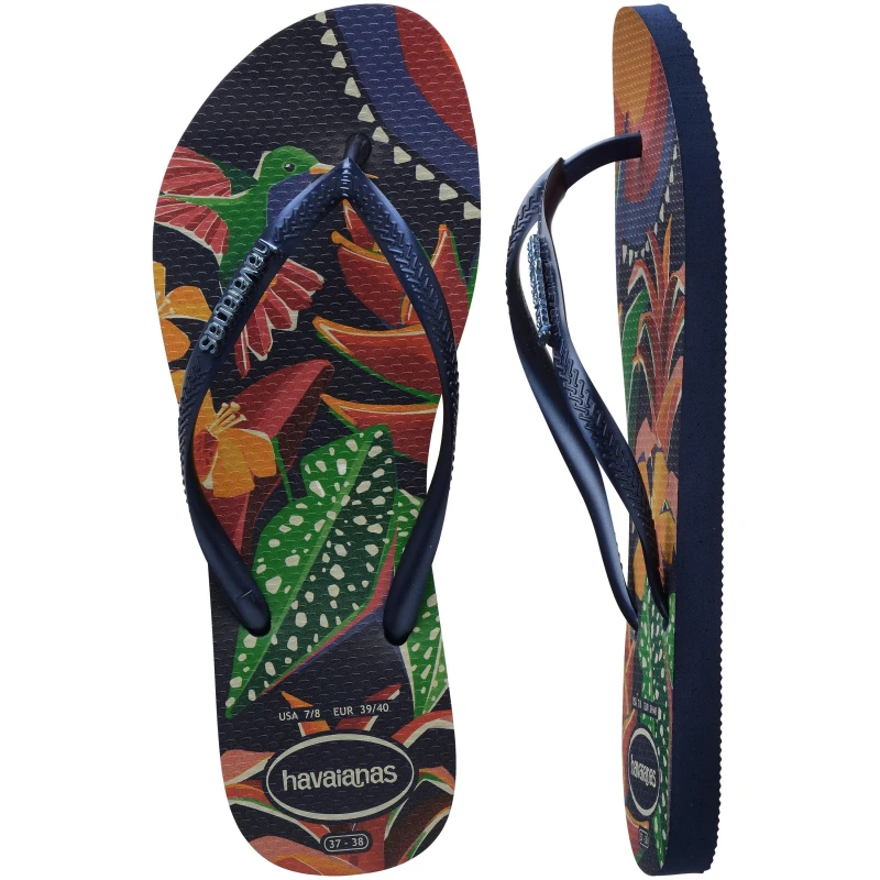 Image of Havaianas Womens Slim Tropical Salmon Flip Flops Dark Black female 3/4