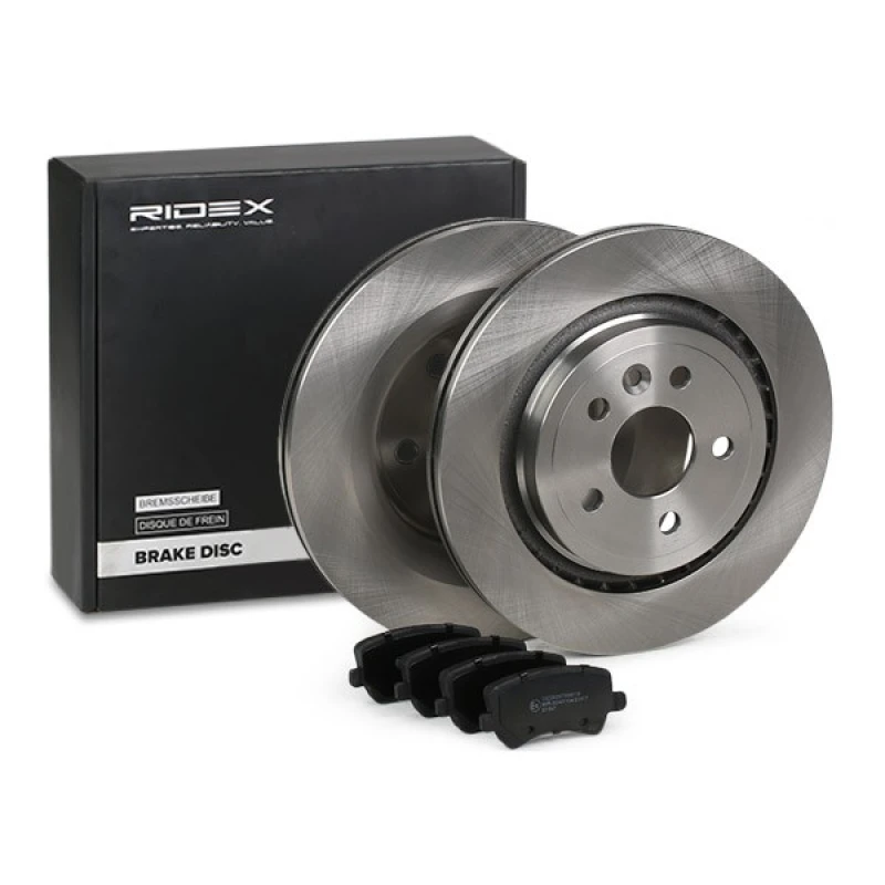 Image of RIDEX 3405B1178 Brake disc and pads set Rear Axle, Brake Disc Type: Externally Vented, not prepared for wear warning indicator Brake Set,disc brakes