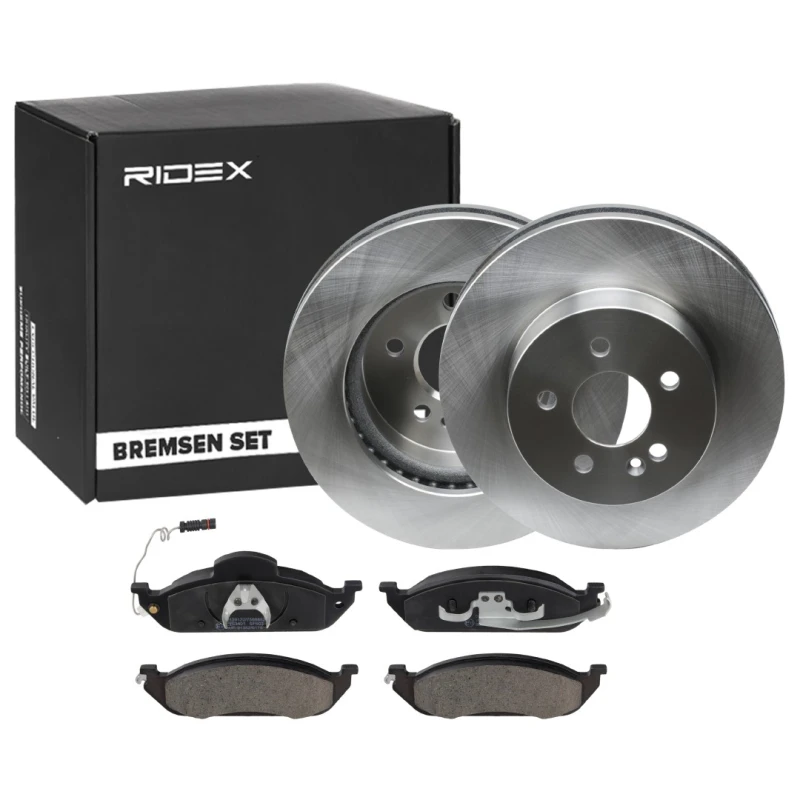 Image of RIDEX 3405B0475 Brake disc and pads set Front Axle, Brake Disc Type: Vented, incl. wear warning contact, with piston clip Brake Set,disc brakes (3405