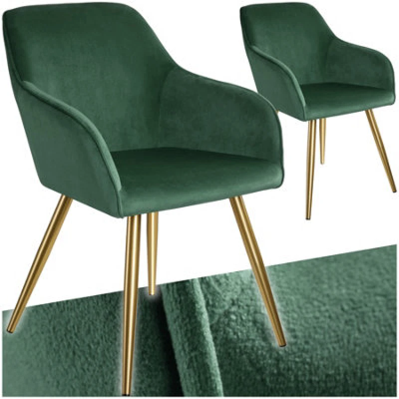 Image of Tectake Set Of 2 Chair Marilyn With Velvet Cover, Gold Steel Legs And Plush Padding - Dark Green/gold