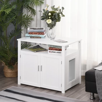 Image of PawHut Wooden Cat Litter Box Enclosure Furniture with Adjustable Interior Wall & Large Tabletop for Nightstand, White