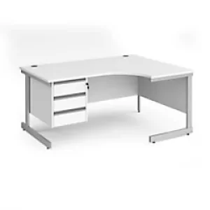 image of Dams International Right Hand Ergonomic Desk with 3 Lockable Drawers Pedestal and White MFC Top with Silver Frame Cantilever Legs Contract 25 1600 x 1