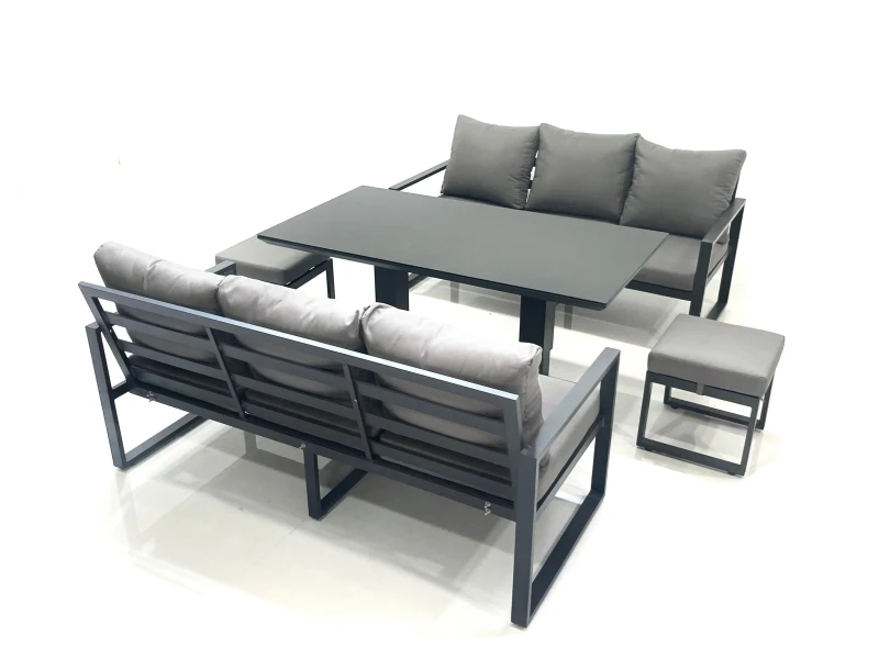 Image of Fimous 8 Seater Aluminium Outdoor Garden Furniture Set with Adjustable Rising Lifting Dining Table 3 Seater Sofa 2 Small Footstool Dark Grey Dark Grey