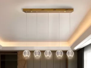 image of Austral Modern Bar 5 Light LED Hanging Pendant Light, Spherical Carved Crystal Globes, 1264lm, 3200K