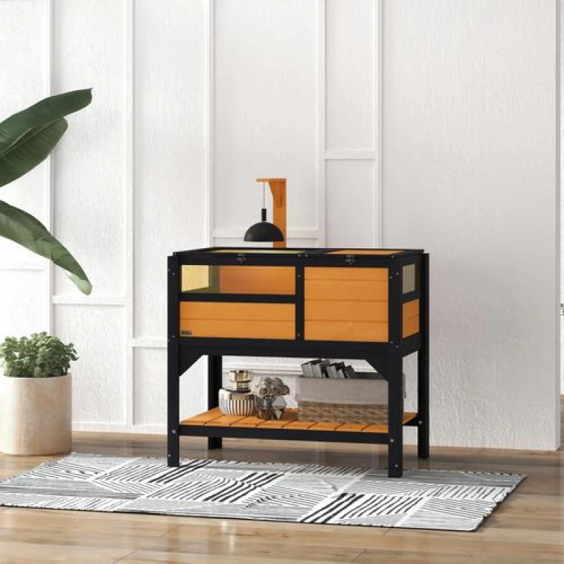 Image of PawHut Wooden Tortoise House w/ Run - Shelter - Shelf - Lamp Holder - Yellow TJ Hughes 5063603001978