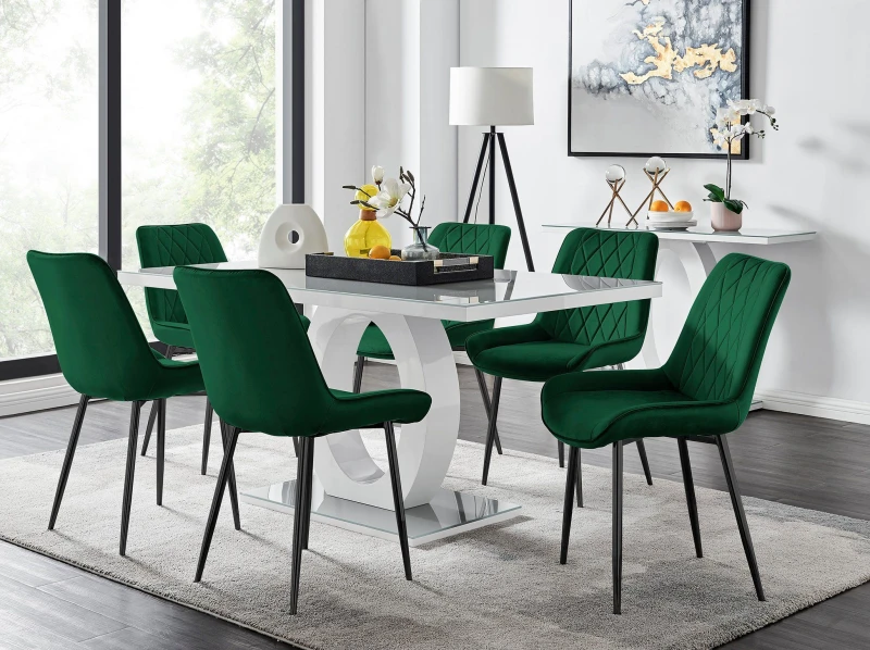 Image of FurnitureboxUK FurnitureboxUK Giovani 6-Seater Grey Glass Dining Table and 6 Pesaro Soft Velvet Dining Chairs in Green Green One Size Unisex 505654265