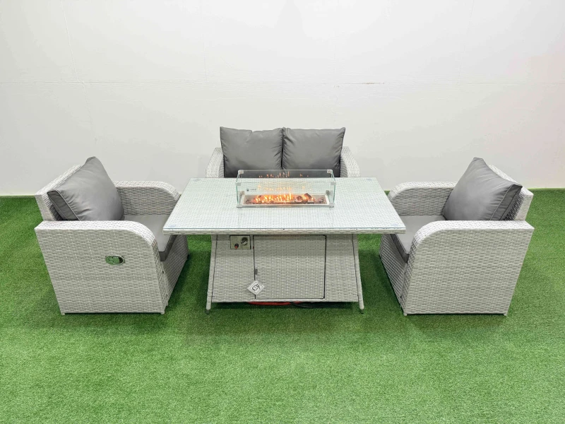 Image of Fimous Light Grey PE Wicker Rattan Garden Furniture Set Sofa Set Reclining Chair Firepit Dining Table 4 Seater Light Grey