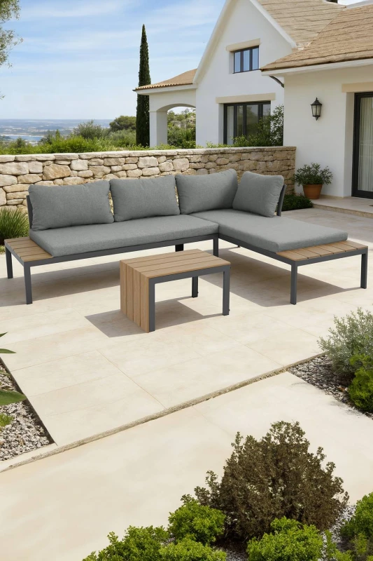 Image of More4Homes Tampa Garden Corner Sofa Outdoor Sofa Set with Table in Grey Grey Unisex
