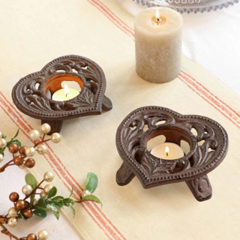 Image of Dibor Set of 2 Cast Iron Heart Table Decor Centrepiece Decor Candle Holders 13cm in Black Unisex