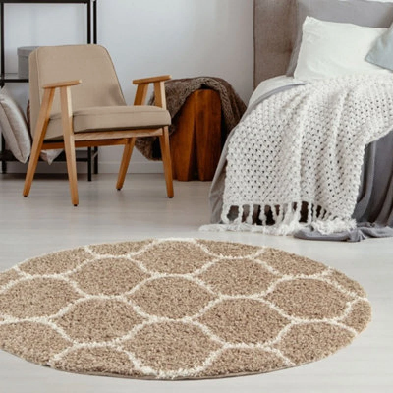 Image of THE RUGS Soft Trellis Shaggy Rugs & Runners Beige & Ivory Living Room Size: 120cm diameter Beige Unisex 120cm diameter