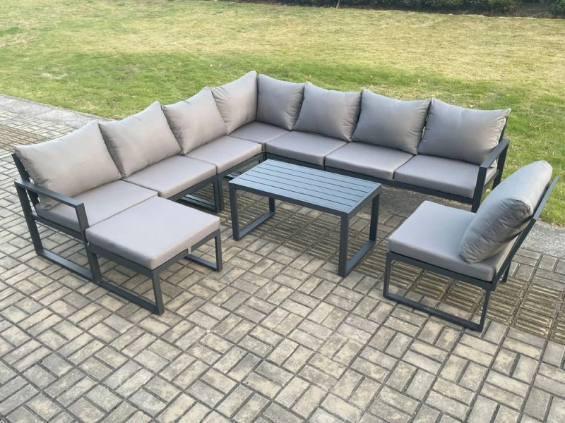 Image of Fimous Aluminium 9 Seater Patio Outdoor Garden Furniture Lounge Corner Sofa Set with Oblong Coffee Table Big Footstool Dark Grey Dark Grey Unisex
