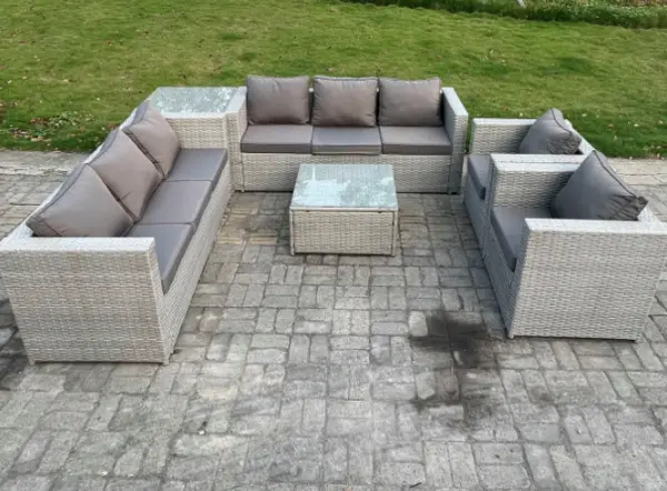 Image of Fimous 8 Seater Outdoor Light Grey Rattan Lounge Complete Sofa Set with Side Table