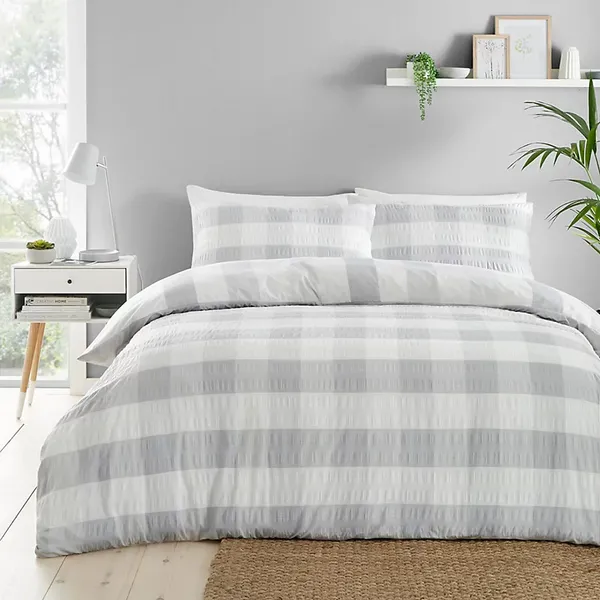 Image of Fusion Seersucker Gingham Duvet Cover and Pillowcase Set Silver