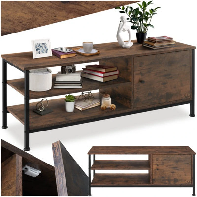 Image of Tectake TV Stand Durban - Lowboard Cabinet With 3 Shelves, Cupboard Section With Door 110 Cm - Industrial Wood Dark, Rustic
