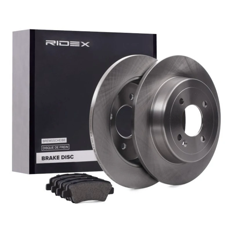 Image of RIDEX 3405B0426 Brake disc and pads set Rear Axle, Brake Disc Type: Solid, with acoustic wear warning, with anti-squeak plate Brake Set,disc brakes (