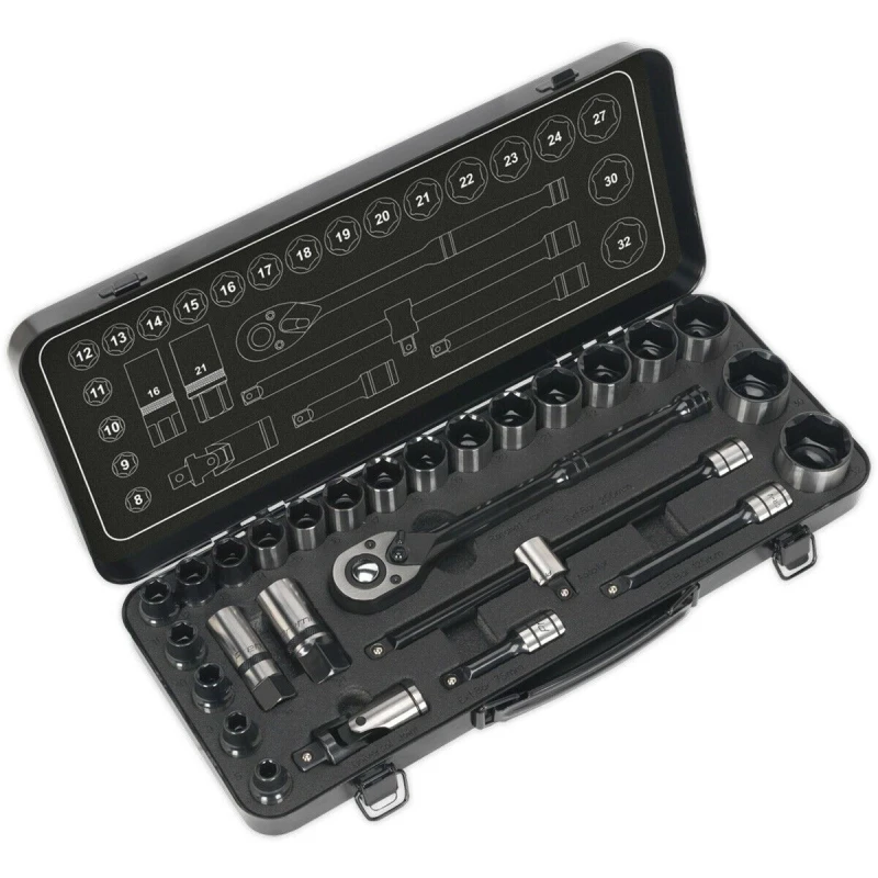 Image of Loops 28pc BLACK SERIES Deep Socket & Ratchet Handle Set -1/2" Sq Drive 6 Point Metric Black