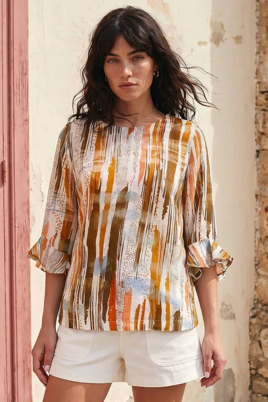 Image of Roman Womens Abstract Print Frill Sleeve Top in Orange Size: 18 Orange Female 18