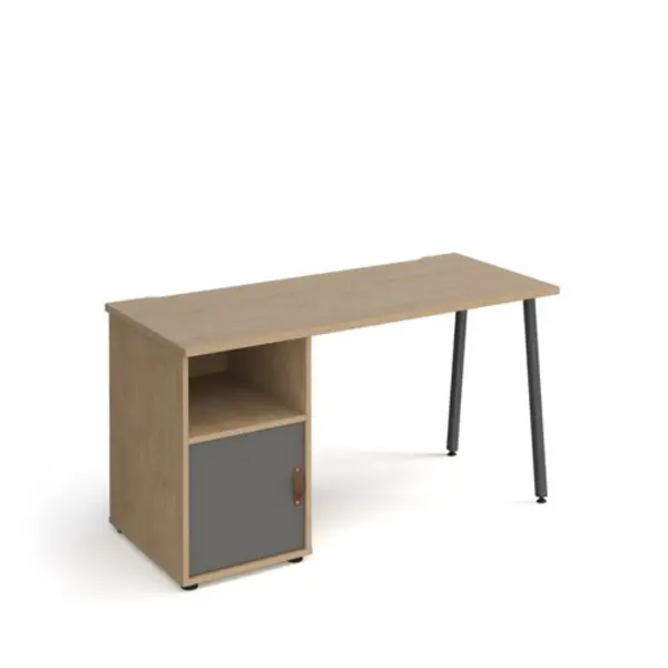 Image of Sparta straight desk 1400mm x 600mm with A-frame leg and support pedestal with cupboard door - charcoal frame, oak finish with grey door