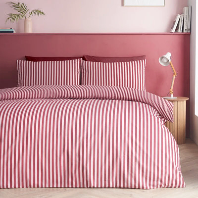 Image of Catherine Lansfield Epping Textured Stripe Reversible Double Duvet Cover Set With Pillowcases Burgundy