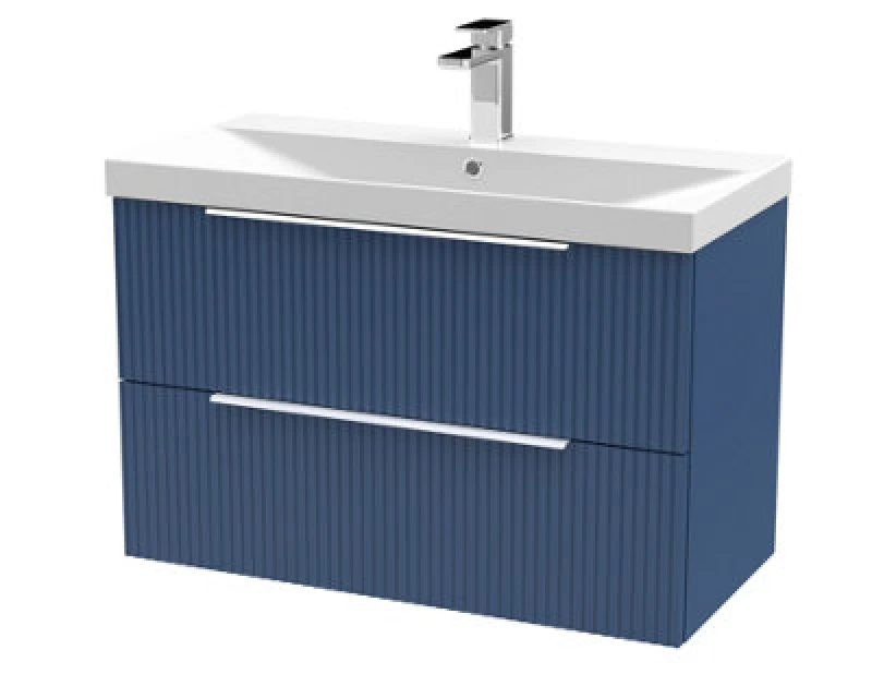 Image of HUDSON REED Hudson Reed - Fluted Satin Blue 800mm Wall Hung 2 Drawer Vanity Unit and Thin Edge Ceramic Basin - DFF395D DFF395D
