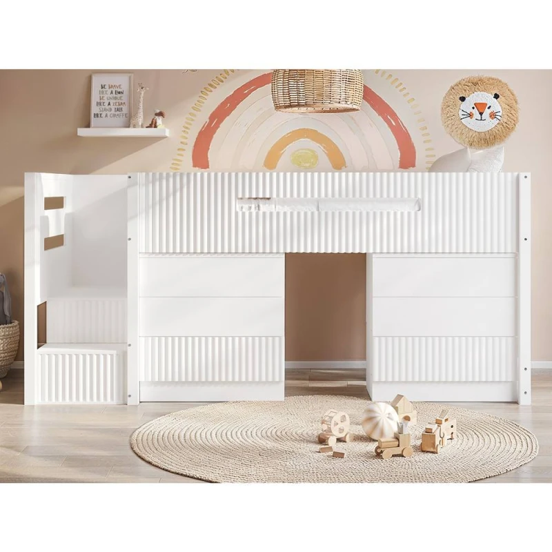 Image of Flair Luca Ribbed Mid Sleeper with 3 Drawer Chest Pair in White Size: Single White Unisex Single