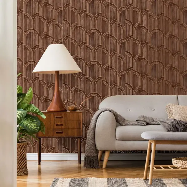 Image of Sublime - Modella Walnut Brown Wood Wallpaper - White