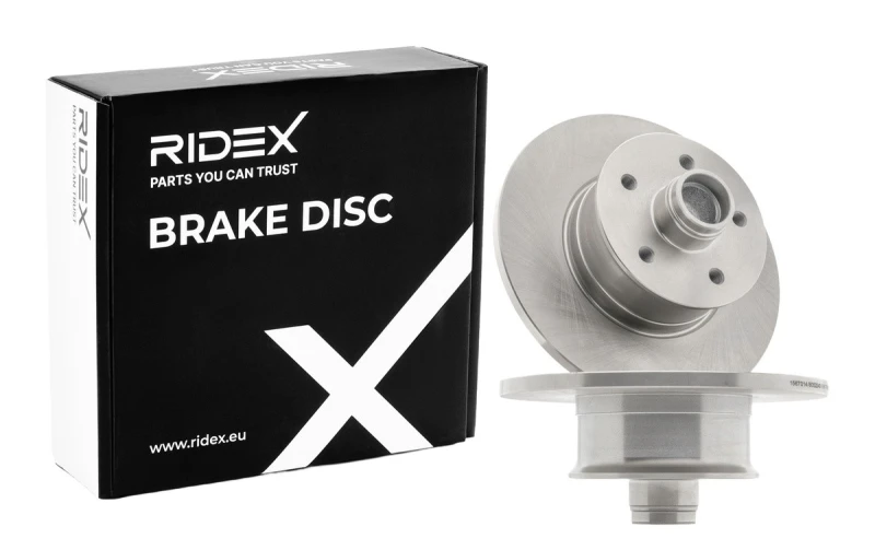 Image of RIDEX 82B1012 Brake disc Front Axle, solid, Cast Iron, Uncoated, Untreated, with wheel hub Cast Iron Brake Disc (82)