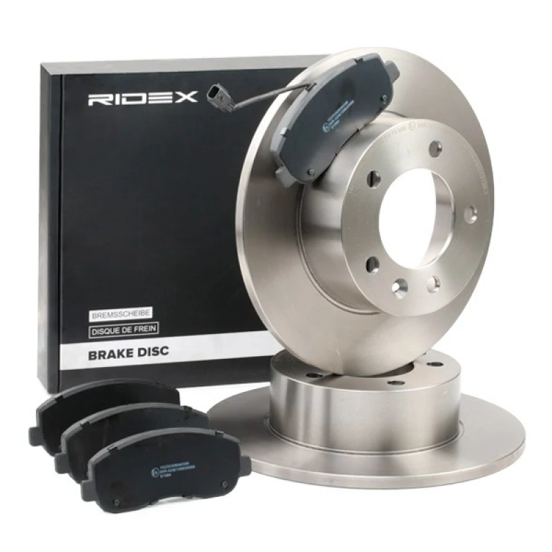 Image of RIDEX 3405B1472 Brake disc and pads set Front Axle, Brake Disc Type: Solid, with integrated wear warning contact Brake Set,disc brakes (3405)