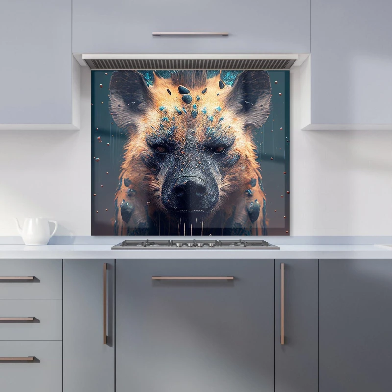 Image of Warren Reed - Designer Hyena Face Splashart Dark Background Kitchen Splashback in Brown Size: 600mm x 750mm Brown Unisex 600mm x 750mm