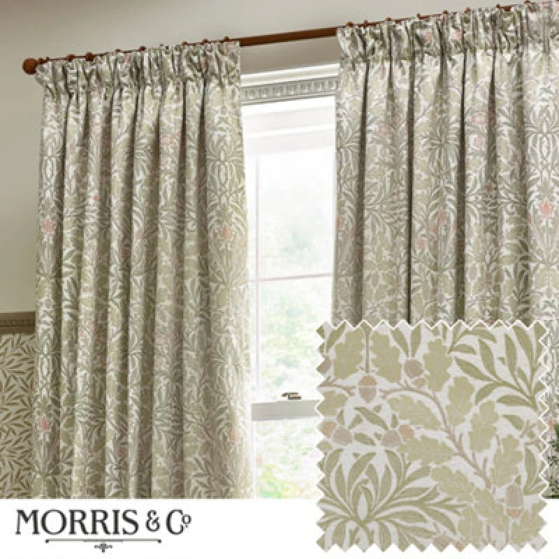 Image of Morris & Co Morris & Co Acorn Multi Floral Jacquard Room Darkening Pencil Pleat Curtains in Stone Size: 168cm width x 229cm drop Stone 168cm width x