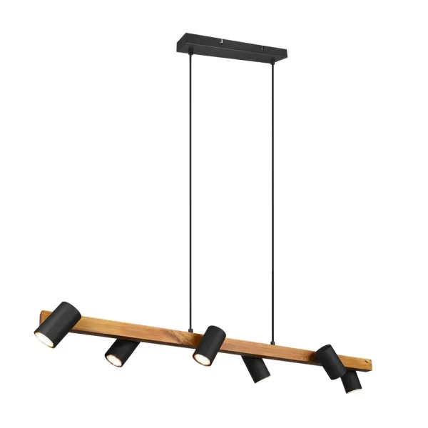 image of Marley Modern 6 Light Bar Pendant Ceiling Light Black Matt, Wood