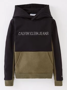Image of Calvin Klein Jeans Boys Colour Block Hoodie - Black/Khaki, Black, Size 10 Years