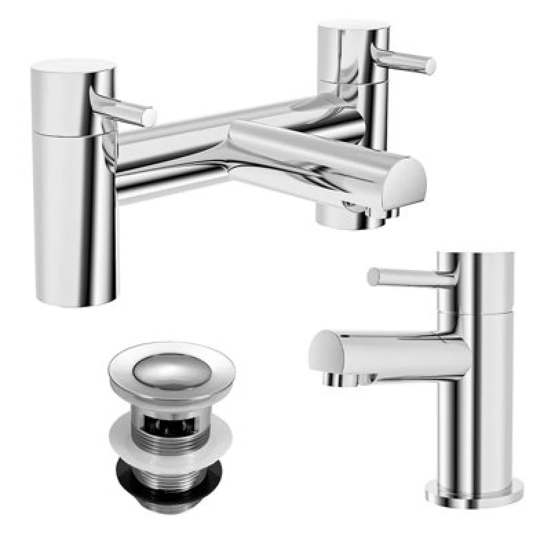 Image of NES HOME Nes Home - Blossom Modern Deck Mounted Bath Filler Tap & Basin Sink Single Lever Tap + Free Waste 7302+7305+WST