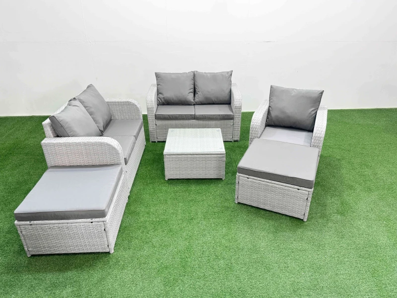 Image of Fimous High Back Poly Rattan Garden Furniture Set with Reclining Chair Loveseat Sofa Square Coffee Table Indoor Outdoor Patio Set 2 Big Stool Light G