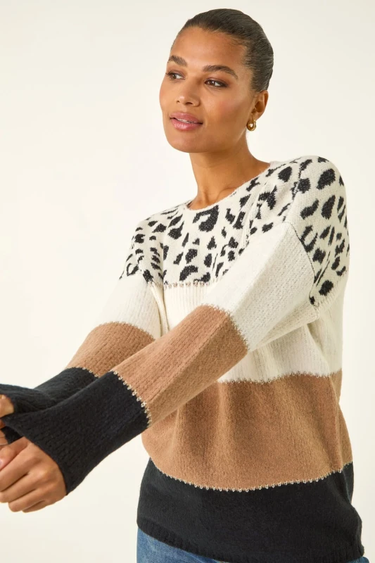 Image of Roman Animal Print Colour Block Jumper Camel female