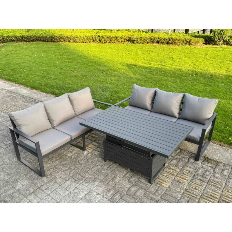 Image of Fimous Aluminum 3 Piece Sofa Set with Lifting Table & Cushions in Dark Grey Dark Grey Unisex