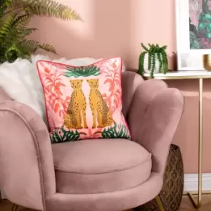 Image of Leopards Illustrated Cushion Pink / 43 x 43cm / Polyester Filled