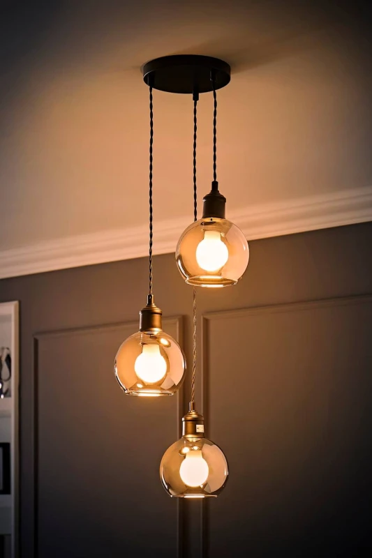 Image of ValueLights Bellamy Smoked Glass 3 Drop Black Ceiling Pendant Light & Bulbs in Grey Grey Unisex