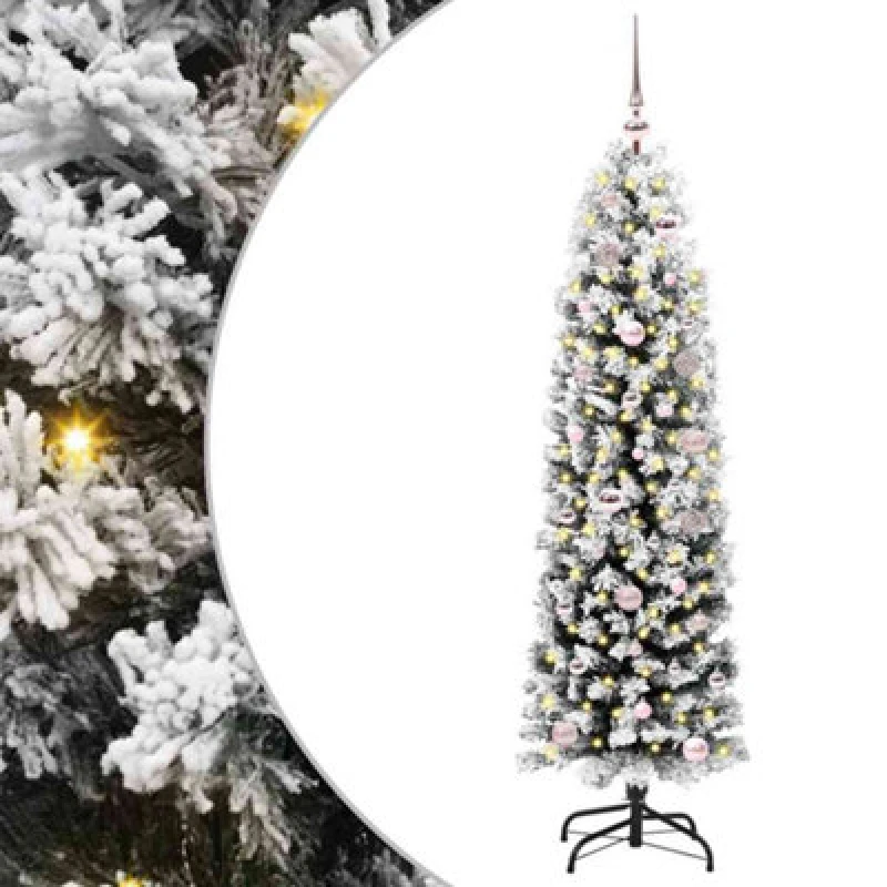 Image of vidaXL Artificial Christmas Tree with 150 LEDs, Pink Balls with Stand Snow Flocked Green 150 x 43 cm, Green 3395007