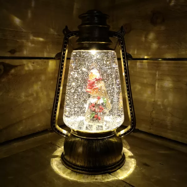 24cm Premier Christmas Water Spinner Antique Effect Hurricane Lantern with Robin on Tree Stump Dual Powered