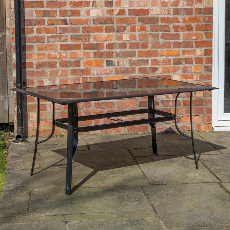 Image of 6 Person Rectangular Black Garden Patio Table with Glass Top & Parasol Hole