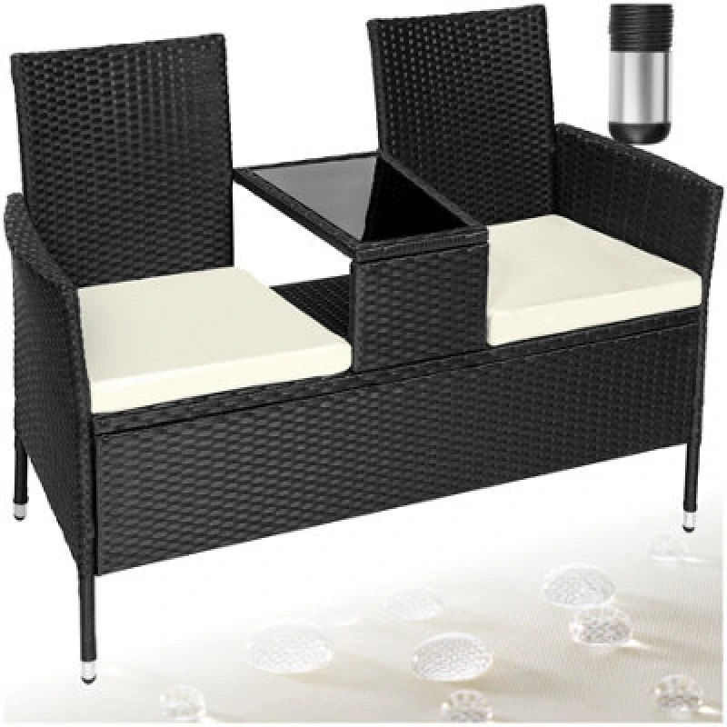Image of Tectake Garden Bench Narbonne - 2-Seater With Table, Weather-Resistant Polyrattan - Black/beige - 1