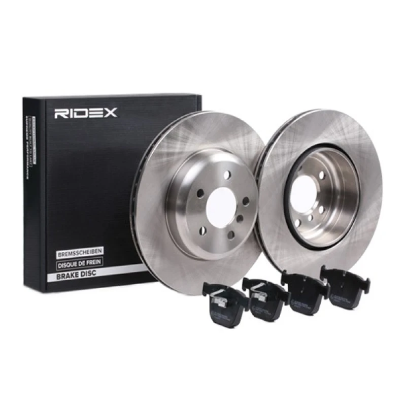 Image of RIDEX 3405B1504 Brake disc and pads set Rear Axle, Brake Disc Type: internally vented, prepared for wear warning indicator, with piston clip Brake Se