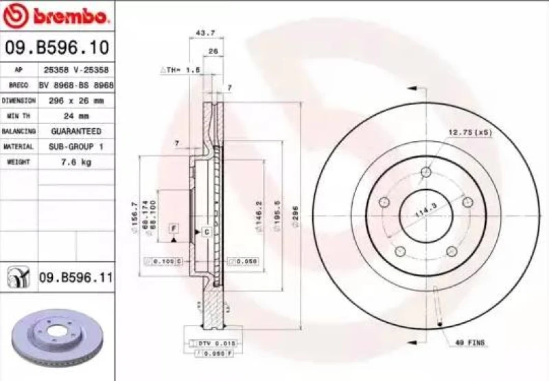 Image of BREMBO 09.B596.11 Brake disc internally vented, Coated Brake Disc (82)