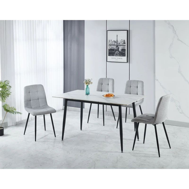 Image of Seconique Fenton Dining Set White Marble Stone Effect With 4 Light Grey Fabric Chairs