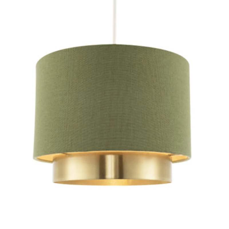 Image of Happy Homewares Olive Green Linen Fabric Pendant Shade With Brushed Gold Metal Ring