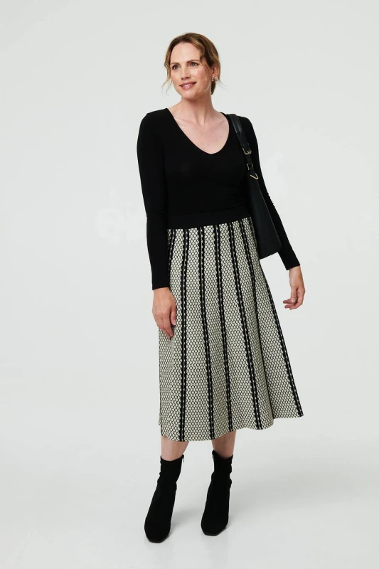 Image of Izabel London Womens Geo Print A-Line Pleated Midi Skirt in Beige Size: 10 Beige Female 10