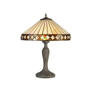 Image of Luminosa Lighting - 2 Light Curved Table Lamp E27 With 40cm Tiffany Shade, Amber, Crystal, Aged Antique Brass
